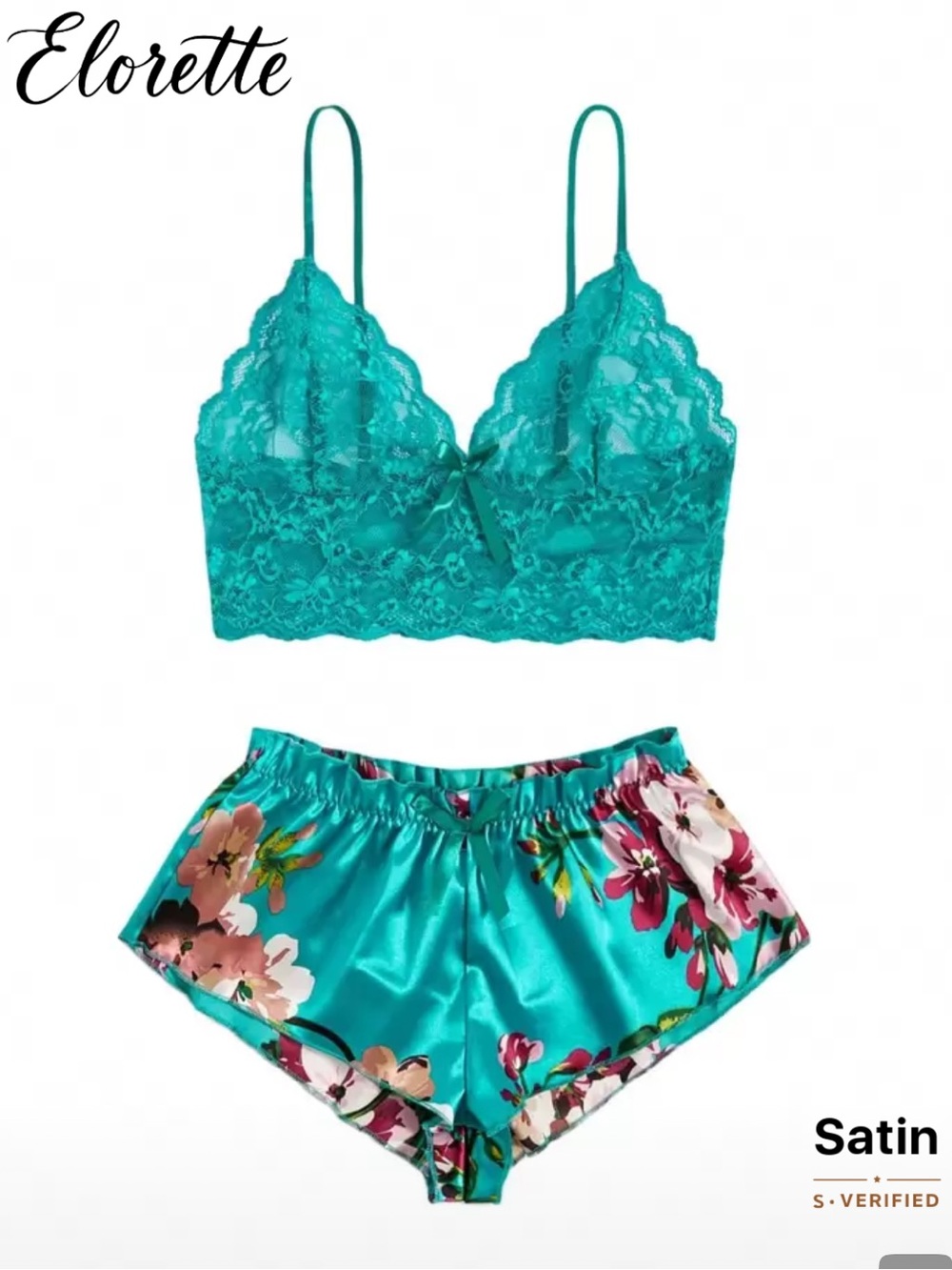 Turquoise Lace Bralette Satin Floral Brief Set elorette 10 XL nwt - Picture 2 of 5